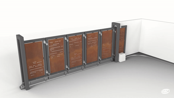 Animatie van de segmentale railpoort Radius die bij het openen de bocht om draait.