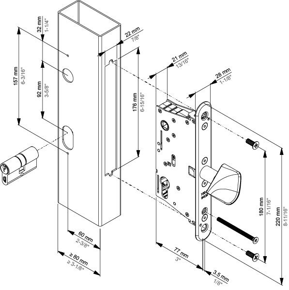 Montagetekening van het EIGHTYLOCK-LS-slot met een doornmaat van 60 mm en een inbouwdiepte van 77 mm