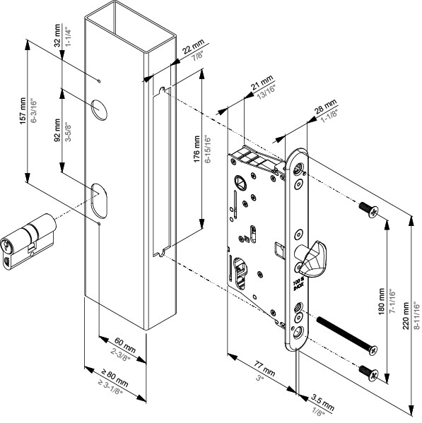 Montagetekening van slot EIGHTYLOCK-S met een doornmaat van 60 mm en een inbouwdiepte van 77 mm