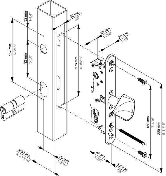 Plan de montage de la serrure FIFTYLOCK-LS avec un déport de 30 mm et un encastrement de 47 mm