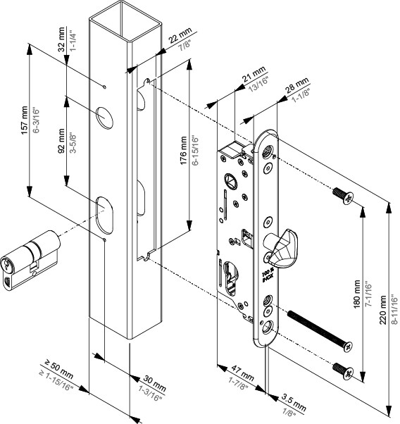 Plan de montage de la serrure FIFTYLOCK-S avec un déport de 30 mm et un encastrement de 47 mm