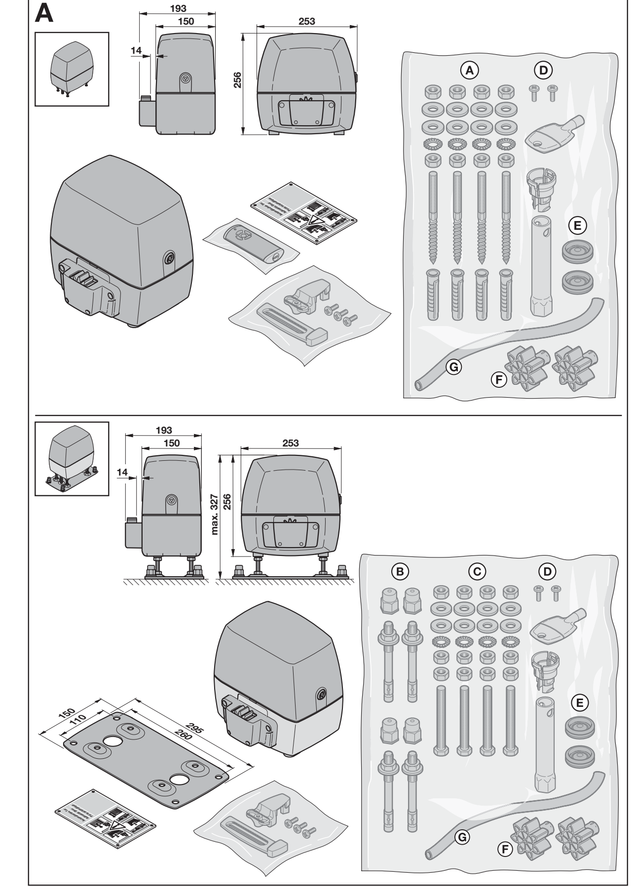 Dimensions d’origine du boîtier – montage sans et avec plaque de sol