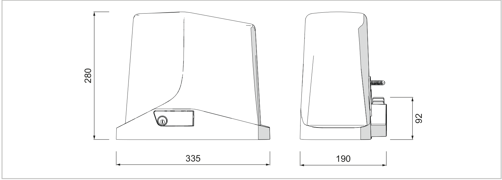Dimensions du TURBO S : 335 × 190 × 280 mm ; position du pignon : 92 mm