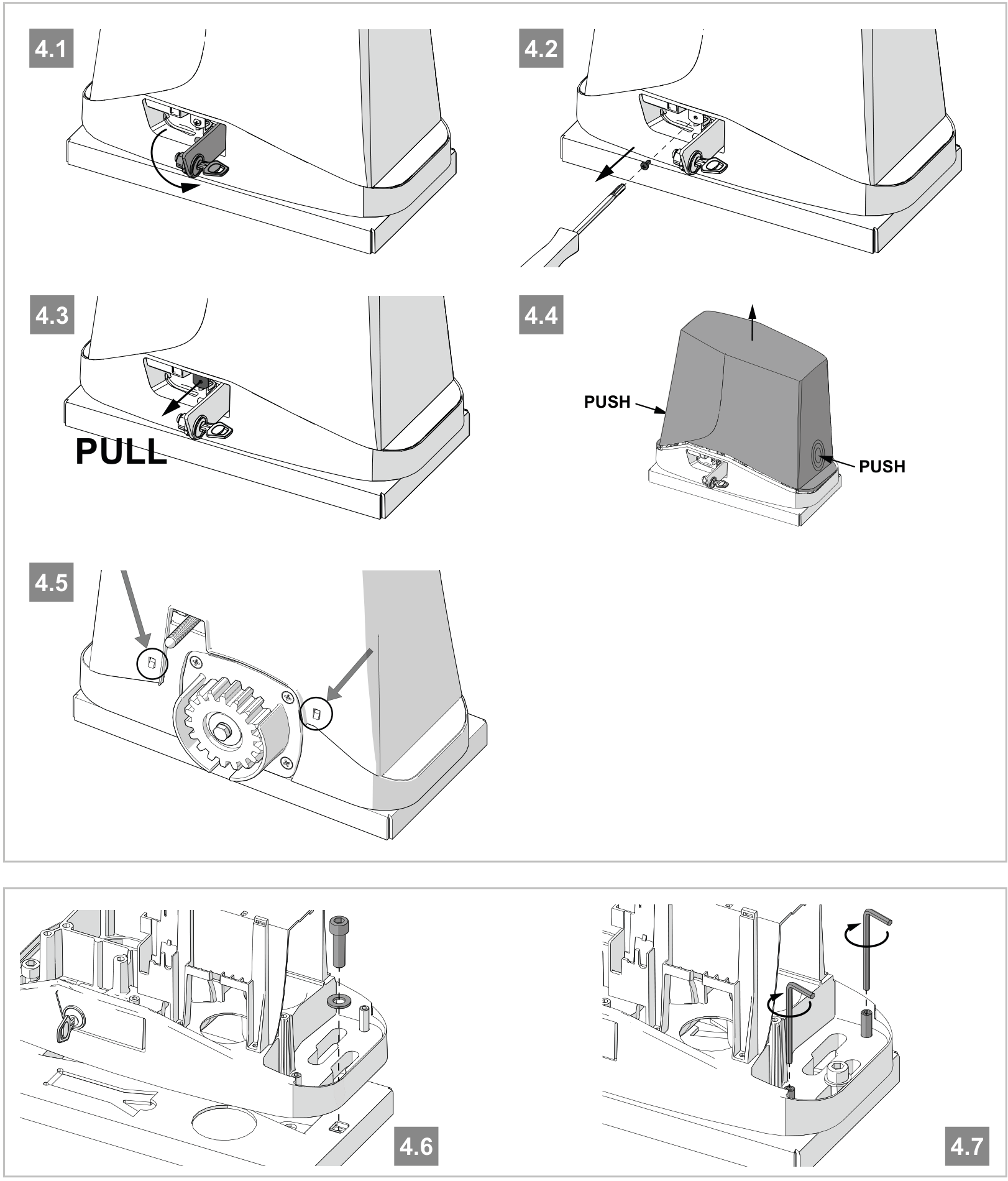 Ouverture du capot, fixation, mise à niveau et fermeture du capot de la motorisation