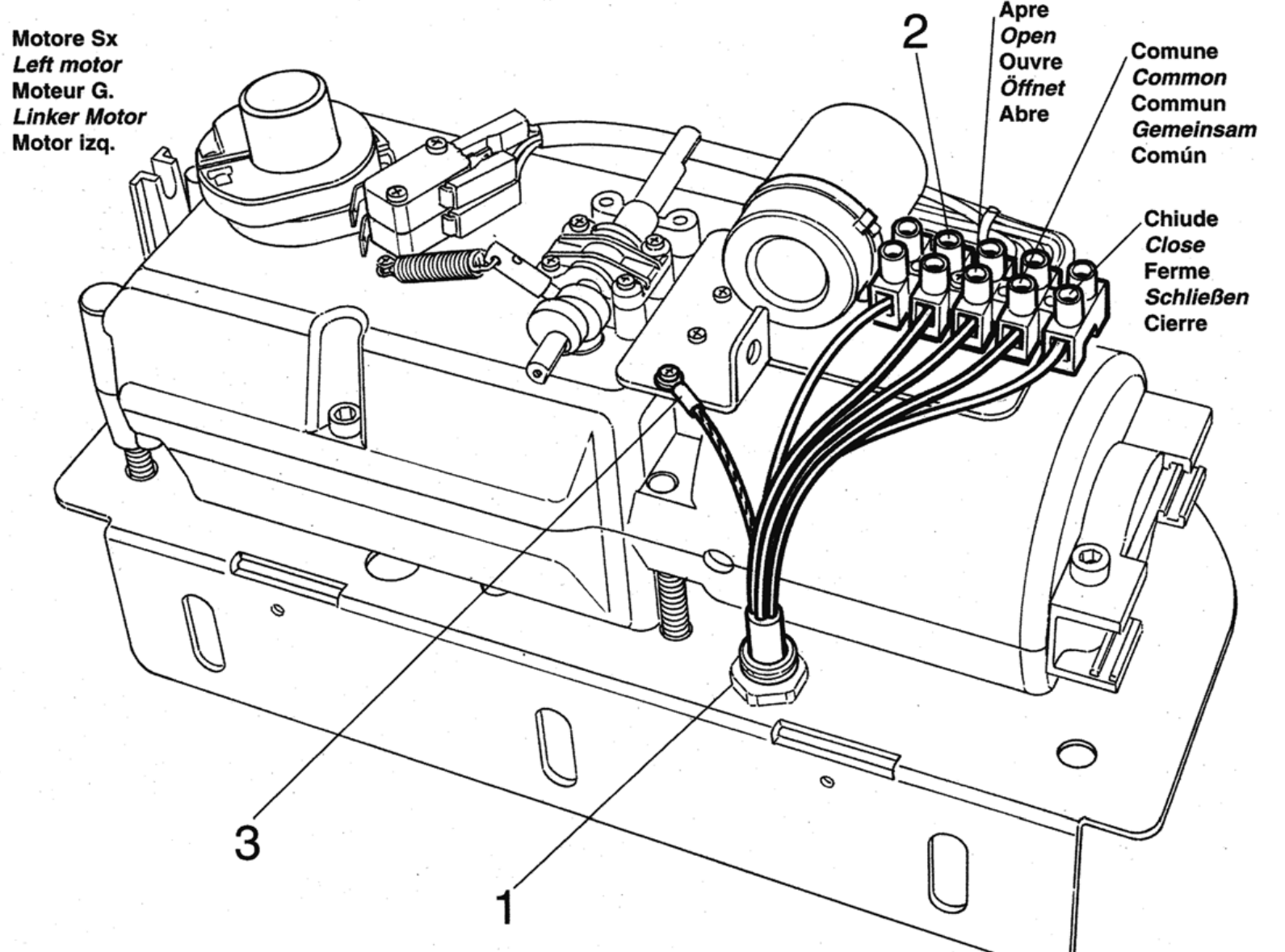 HY7005 – bornier du moteur gauche 230 V, Open, Common, Close et PE HY7005 – bornier du moteur gauche 230 V, Open, Common, Close et PE
