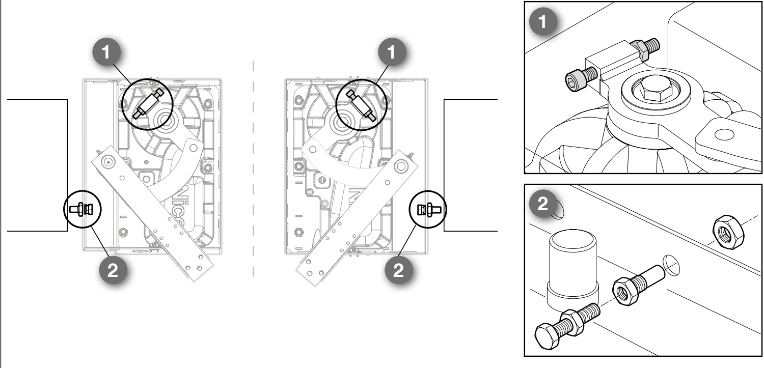 L-FAB – 1 butée de fermeture sur le moteur, 2 butée d’ouverture dans le caisson