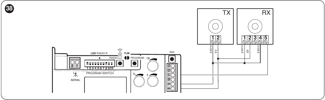 Aansluitschema van relaisfotocellen zonder fototest