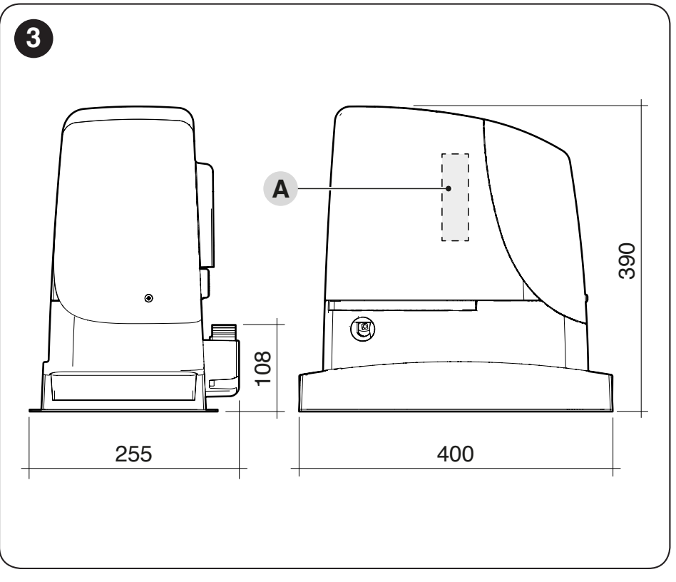 Maattekening van aandrijving RUN1500 – lengte 400 mm, breedte 255 mm, hoogte 390 mm