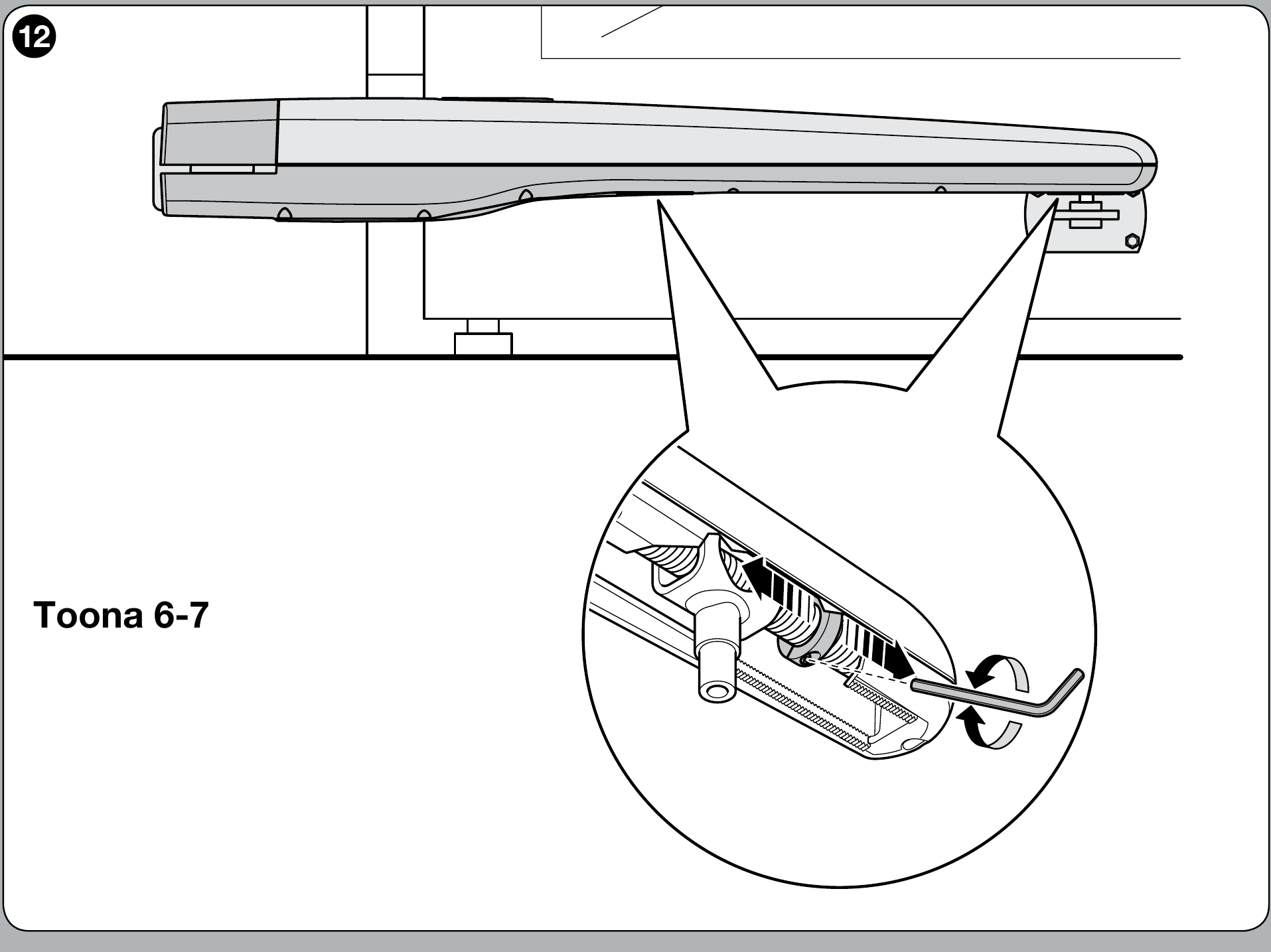NICE Toona 6–7 – dessin original de réglage de la butée interne NICE Toona 6–7 – dessin original de réglage de la butée interne