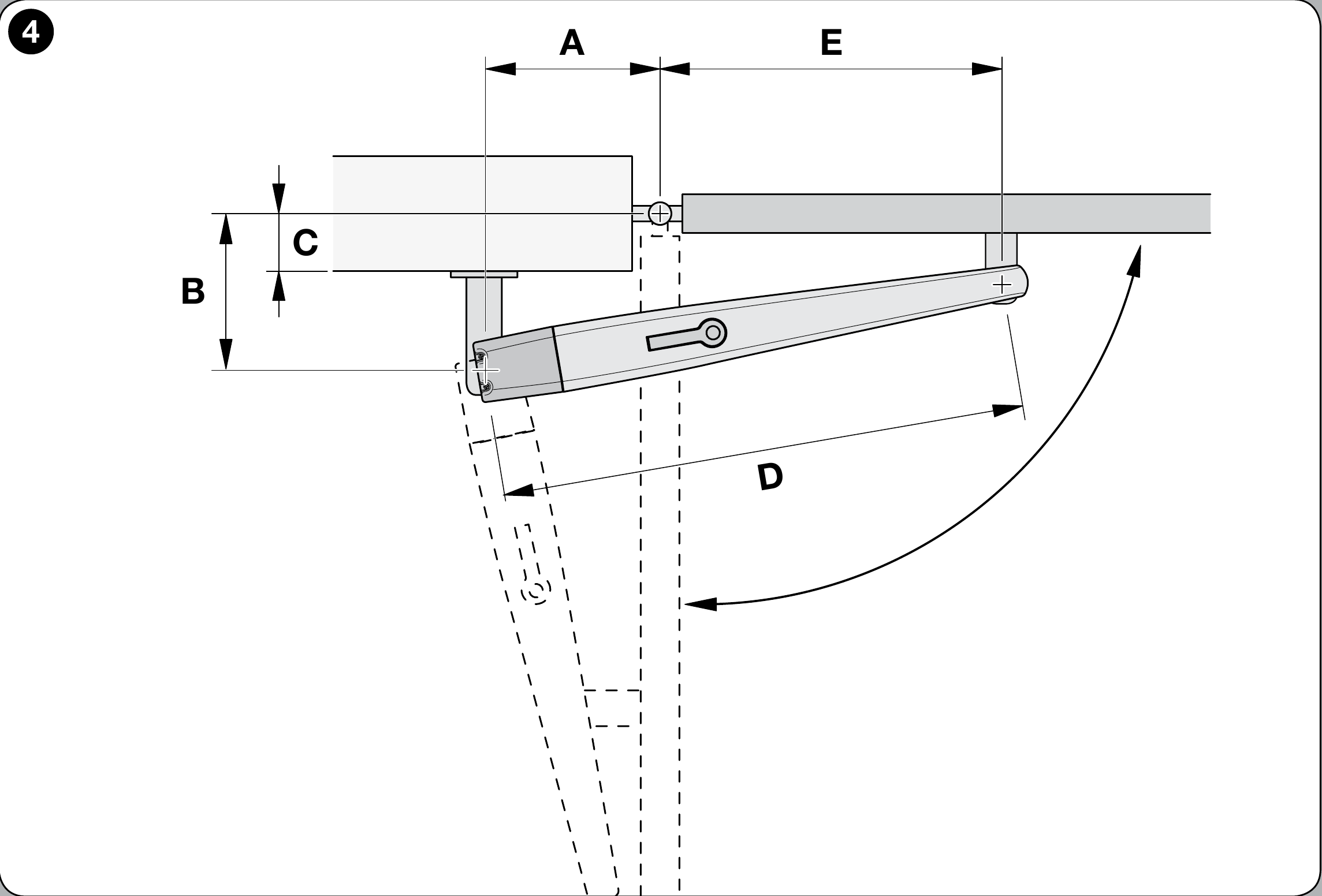 NICE Toona 5 – cotes A, B, C, D et E pour une ouverture vers l’intérieur NICE Toona 5 – cotes A, B, C, D et E pour une ouverture vers l’intérieur