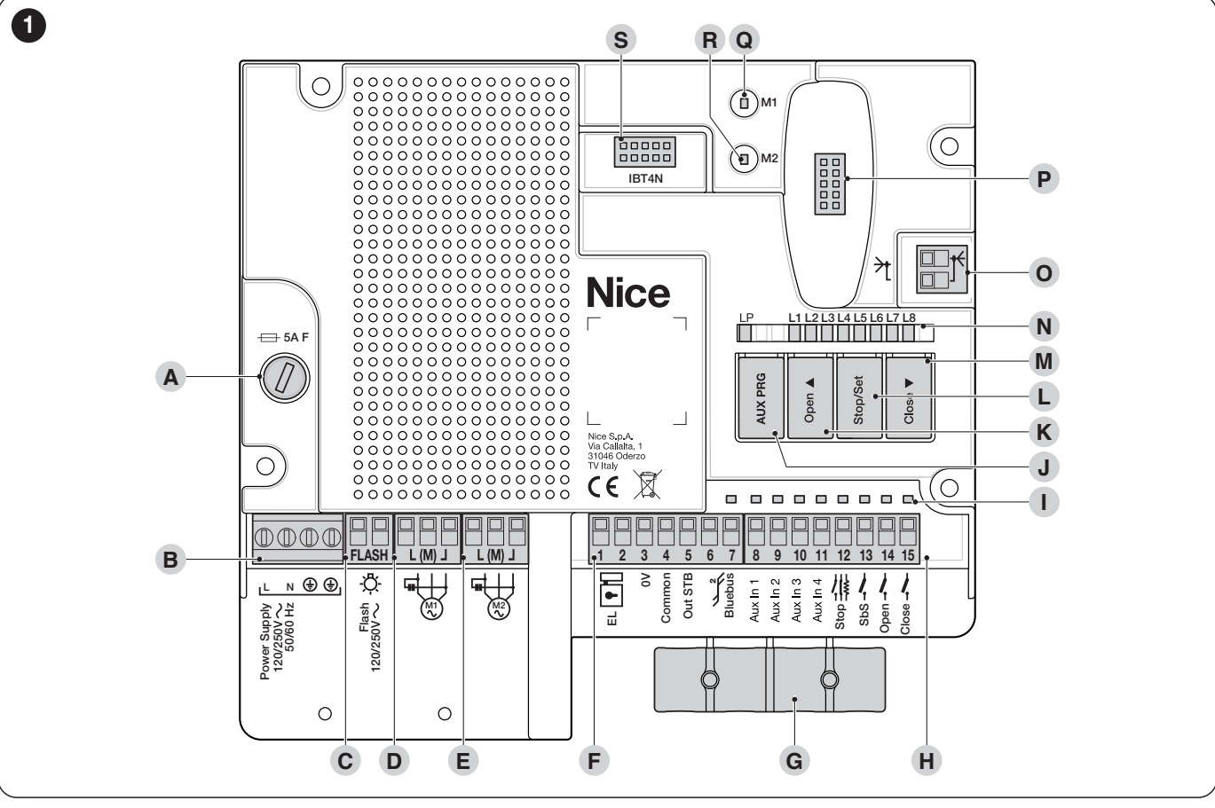 MC800 MCA5R30 – borniers, boutons, LED et connecteur du récepteur MC800 MCA5R30 – borniers, boutons, LED et connecteur du récepteur