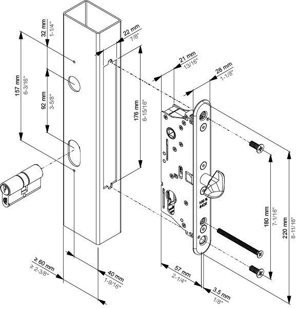 Montagetekening van slot SIXTYLOCK-S met een doornmaat van 40 mm en een inbouwdiepte van 57 mm