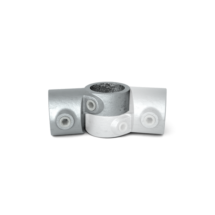 Verzinkte verstelbare scharnierkoppeling voor een buis van 42,4 mm, T-vorm.