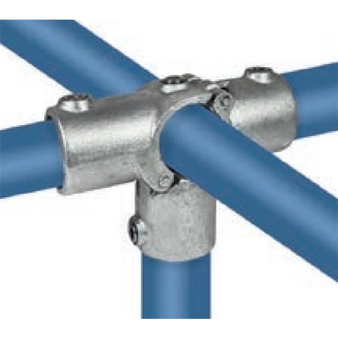 Exemple d’utilisation : raccord pliable galvanisé pour tubes de 48,3 mm, forme croix traversante, à 5 directions
