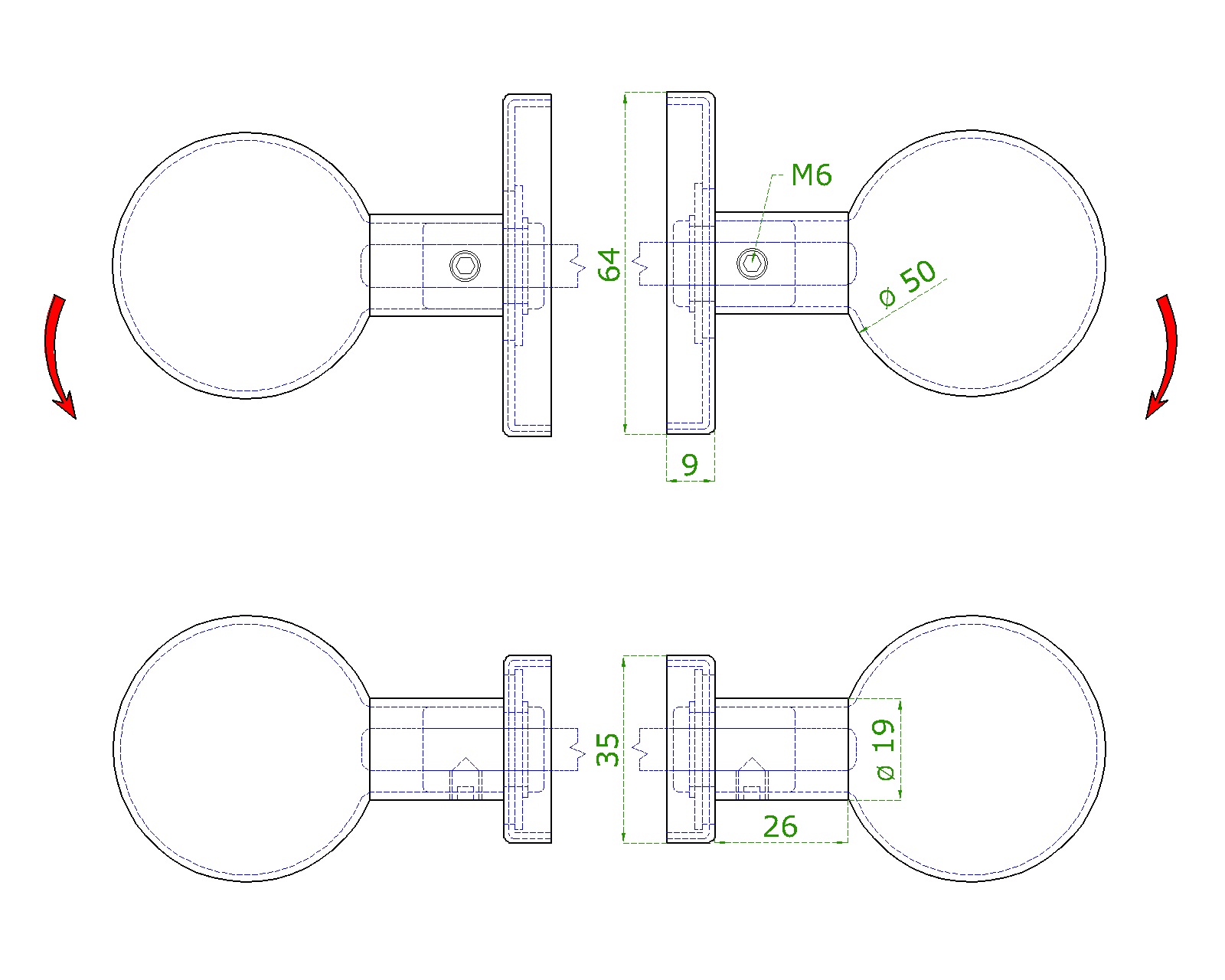Afmeting, draairichting van de knop