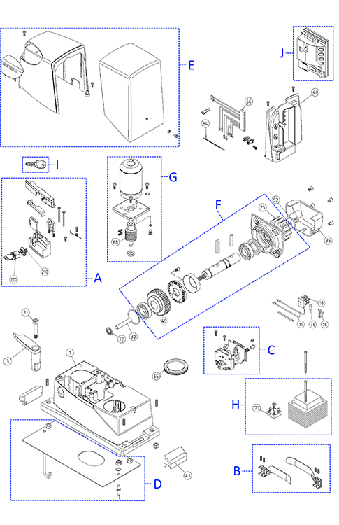 Vue éclatée des pièces détachées pour motorisation NICE Robus RB400R10