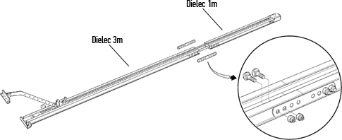 Attention : si votre porte mesure jusqu’à 2,5 m de haut, ignorez cette étape et n’utilisez pas l’extension d’un mètre. Si votre porte mesure plus de 2,5 m de haut, c’est-à-dire si vous utilisez l’extension de barre d’un mètre, raccordez l’élément de 3 m à celui de 1 m à l’aide du raccord, comme illustré :