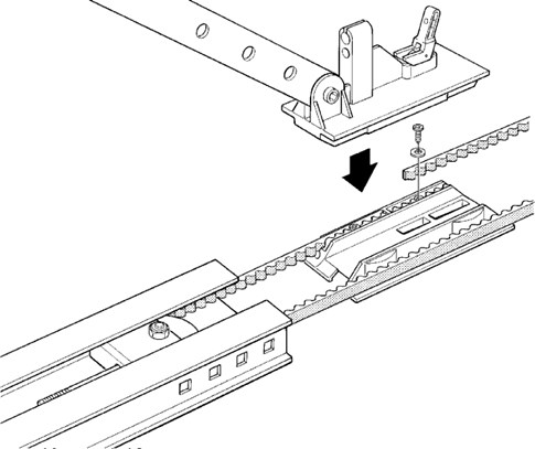 5. Insérez la courroie dans le chariot, fixez-la à l’aide de la vis et de la rondelle, puis réinsérez le chariot dans la barre :