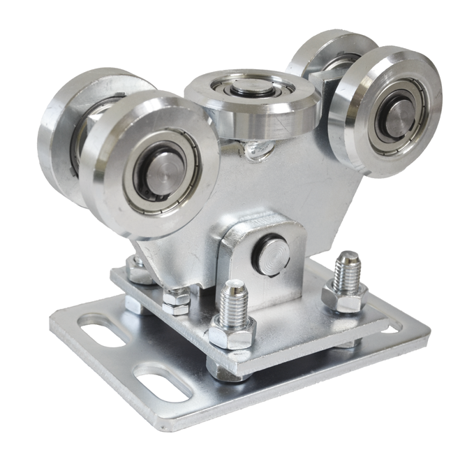 Chariot oscillant réglable entièrement métallique, 5 galets avec platine de montage